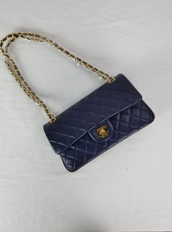 Anum Bags CHL CLASSIC MEDIUM LAMBSKIN FLAP NAVY AND GOLD 25CM