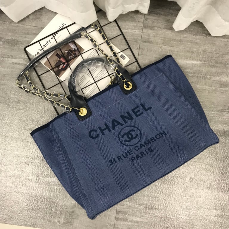 Anum Bags CHL 38CM CANVAS LARGE NAVY BLUE DEAUVILLE TOTE BAG