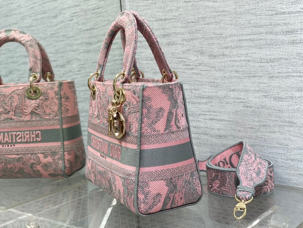 Ezyycart Bags DIR MEDIUM LADY D-LITE BAG PINK AND GRAY TOILE DE JOUY SAUVAGE EMBROIDERY 24CM