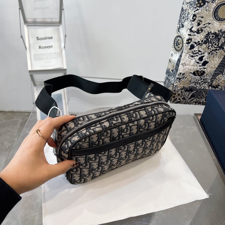 Ezyycart Bags DIR OBLIQUE JACQUARD BLACK AND BEIGE BELT BAG 24CM HIGH QUALITY