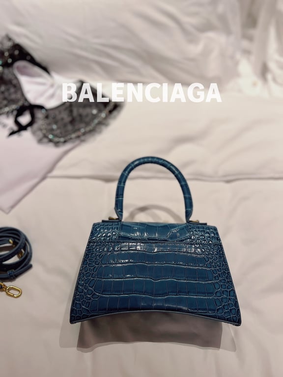 Ezyycart Bags BALENCIAGA WOMEN'S HOURGLASS XS HANDBAG CROCODILE EMBOSSED IN FOREST BLUE 24CM