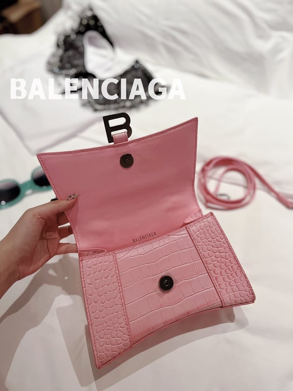 Ezyycart Bags BALENCIAGA WOMEN'S HOURGLASS XS HANDBAG CROCODILE EMBOSSED IN PINK 24CM