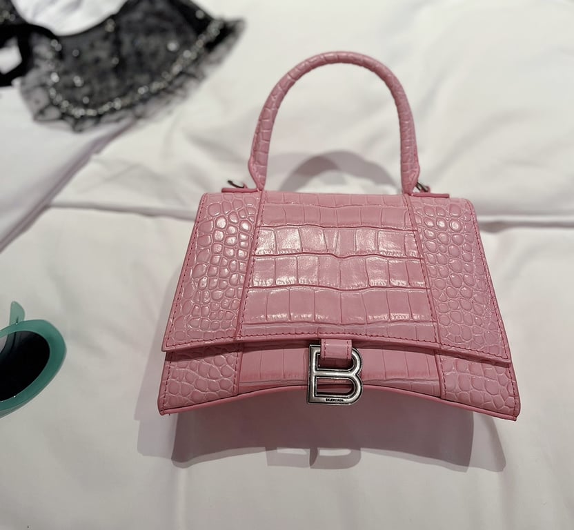 Ezyycart Bags BALENCIAGA WOMEN'S HOURGLASS XS HANDBAG CROCODILE EMBOSSED IN PINK 24CM