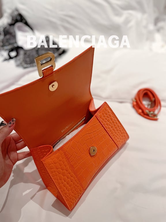 Ezyycart Bags BALENCIAGA WOMEN'S HOURGLASS SMALL HANDBAG CROCODILE EMBOSSED IN ORANGE 24CM