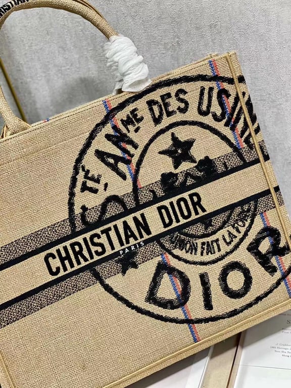 Ezyycart Bags DIR MEDIUM BOOK TOTE BEIGE JUTE CANVAS EMBROIDERED 36CM M1296ZRUW M918