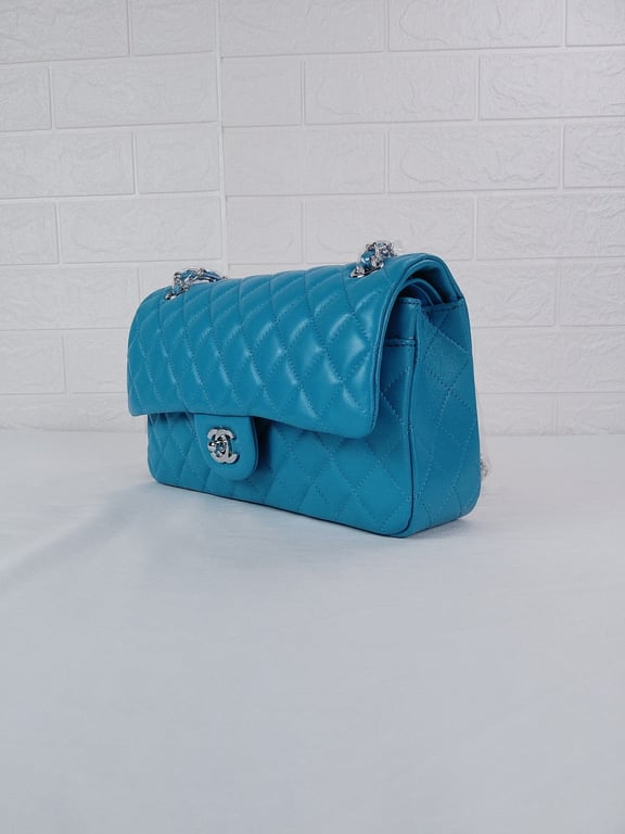 Anum Bags CHL CLASSIC MEDIUM LAMBSKIN FLAP BAG BLUE SILVER 25CM