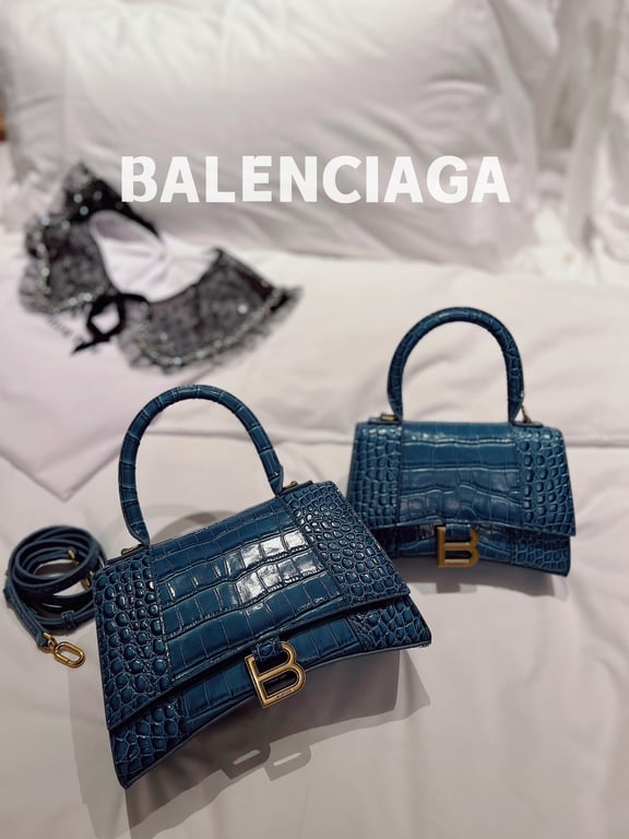 Ezyycart Bags BALENCIAGA WOMEN'S HOURGLASS XS HANDBAG CROCODILE EMBOSSED IN FOREST BLUE 24CM