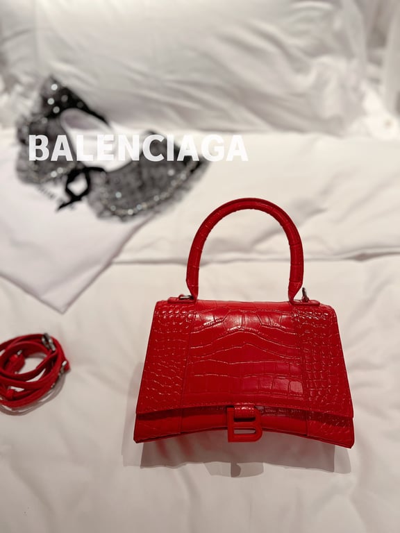 Ezyycart Bags BALENCIAGA WOMEN'S HOURGLASS SMALL HANDBAG CROCODILE EMBOSSED IN RED 24CM