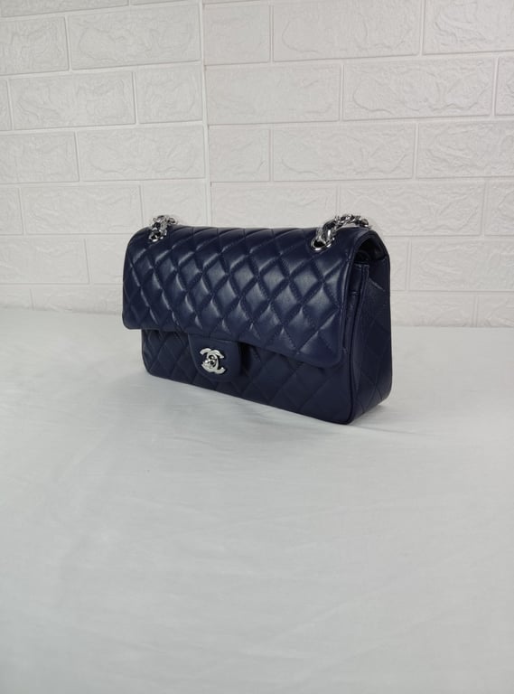 Anum Bags CHL CLASSIC MEDIUM LAMBSKIN FLAP NAVY AND SILVER 25CM