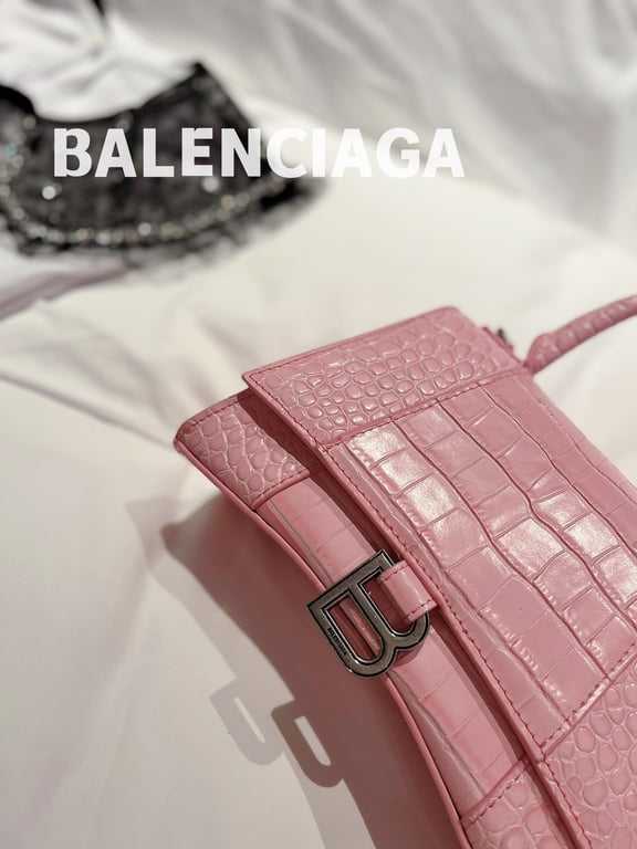 Ezyycart Bags BALENCIAGA WOMEN'S HOURGLASS XS HANDBAG CROCODILE EMBOSSED IN PINK 24CM