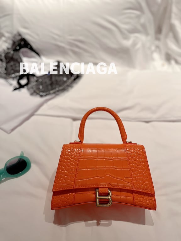 Ezyycart Bags BALENCIAGA WOMEN'S HOURGLASS SMALL HANDBAG CROCODILE EMBOSSED IN ORANGE 24CM