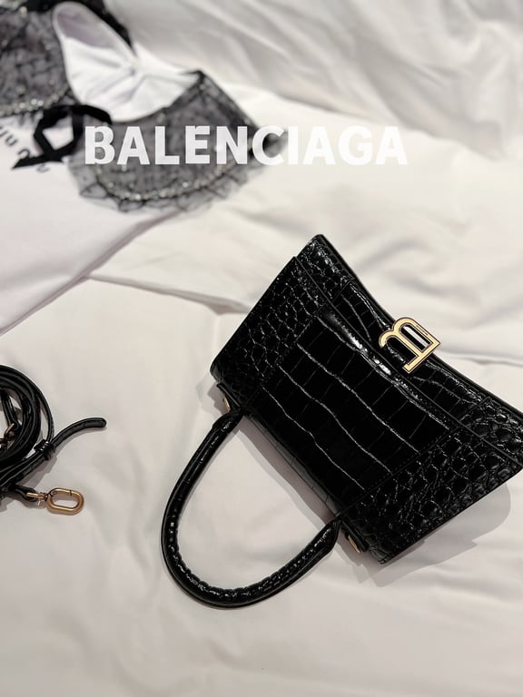 Ezyycart Bags BALENCIAGA WOMEN'S HOURGLASS SMALL HANDBAG CROCODILE EMBOSSED IN BLACK 24CM