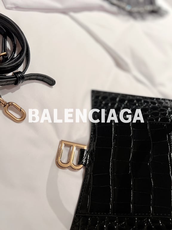 Ezyycart Bags BALENCIAGA WOMEN'S HOURGLASS SMALL HANDBAG CROCODILE EMBOSSED IN BLACK 24CM