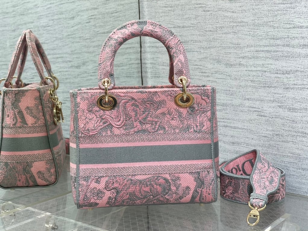 Ezyycart Bags DIR MEDIUM LADY D-LITE BAG PINK AND GRAY TOILE DE JOUY SAUVAGE EMBROIDERY 24CM