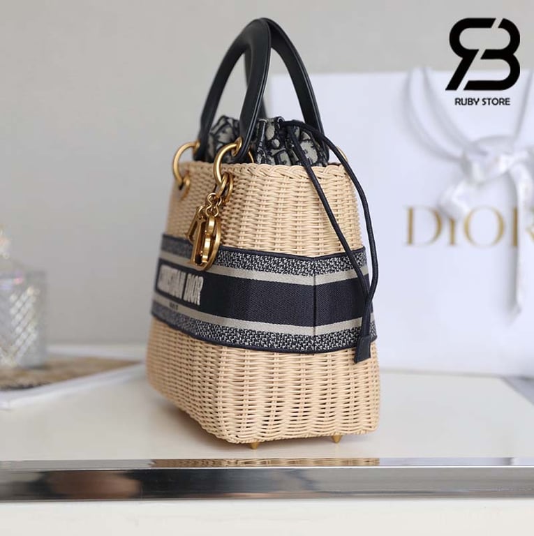 Anum Bags DIR NATURAL WICKER AND BLUE DIR OBLIQUE JACQUARD BAG