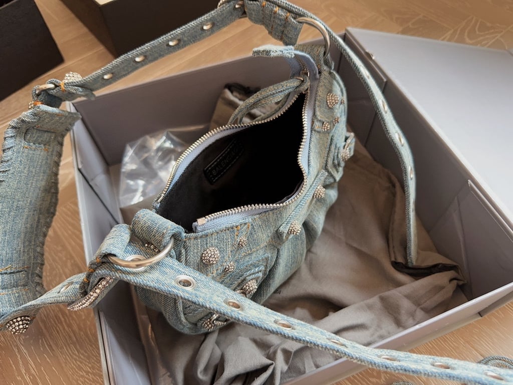 Ezyycart Bags BALENCIAGA LE CAGOLE XS SHOULDER BAG DENIM WITH RHINESTONES IN LIGHT BLUE 25CM 6713092AABV4651