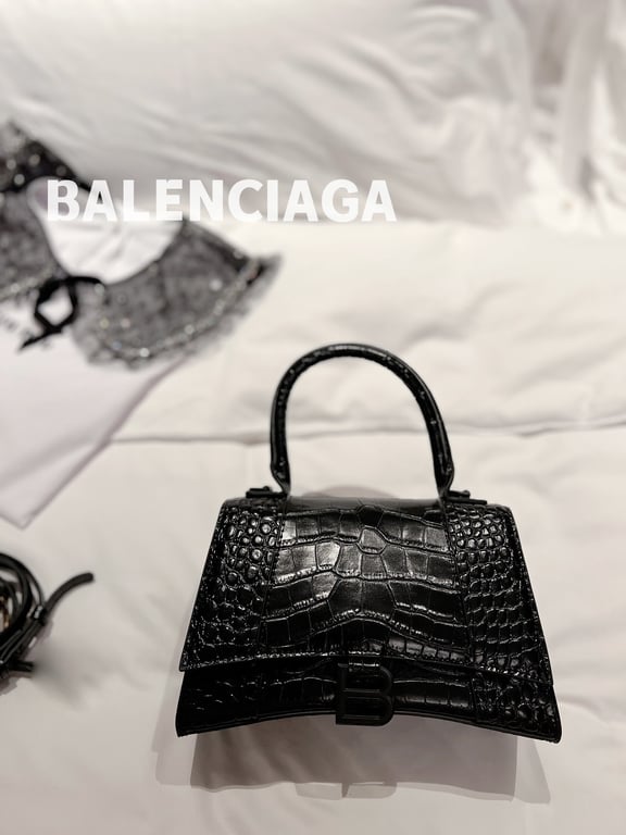 Ezyycart Bags BALENCIAGA WOMEN'S HOURGLASS XS HANDBAG CROCODILE EMBOSSED IN BLACK 24CM