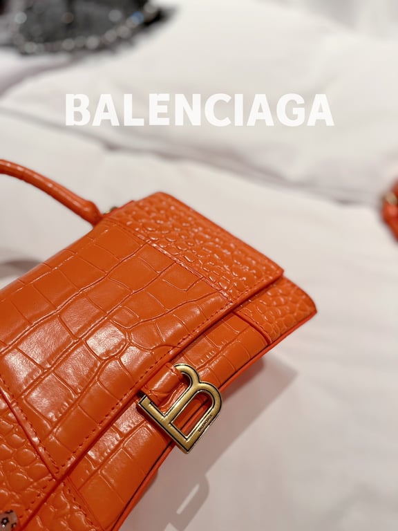 Ezyycart Bags BALENCIAGA WOMEN'S HOURGLASS SMALL HANDBAG CROCODILE EMBOSSED IN ORANGE 24CM