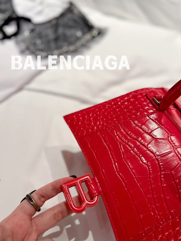 Ezyycart Bags BALENCIAGA WOMEN'S HOURGLASS SMALL HANDBAG CROCODILE EMBOSSED IN RED 24CM