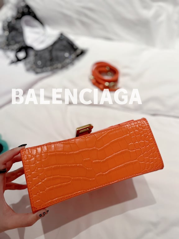 Ezyycart Bags BALENCIAGA WOMEN'S HOURGLASS SMALL HANDBAG CROCODILE EMBOSSED IN ORANGE 24CM