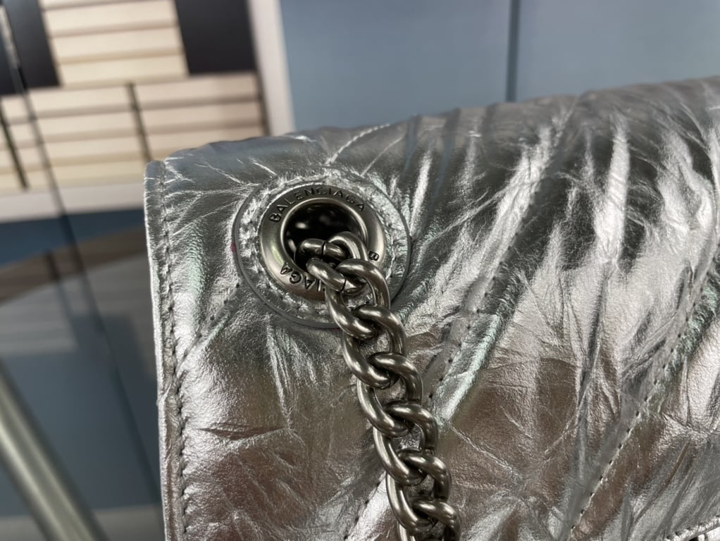 Ezyycart Bags BALENCIAGA CRUSH SMALL CHAIN BAG METALLIZED QUILTED IN SILVER 25CM