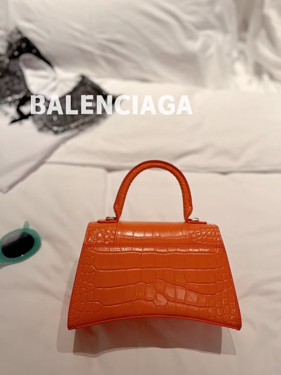 Ezyycart Bags BALENCIAGA WOMEN'S HOURGLASS SMALL HANDBAG CROCODILE EMBOSSED IN ORANGE 24CM