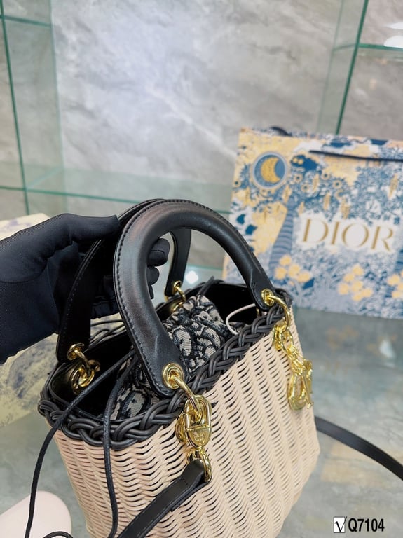 Ezyycart Bags DIR LADY 22CM NATURAL WICKER NAVY BLUE OBLIQUE JACQUARD