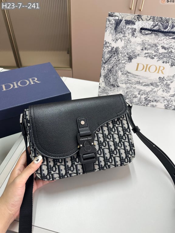 Ezyycart Bags DIR MINI SADDLE BAG WITH STRAP BEIGE AND BLACK CD OBLIQUE JACQUARD AND BLACK GRAINED CALFSKIN 23CM