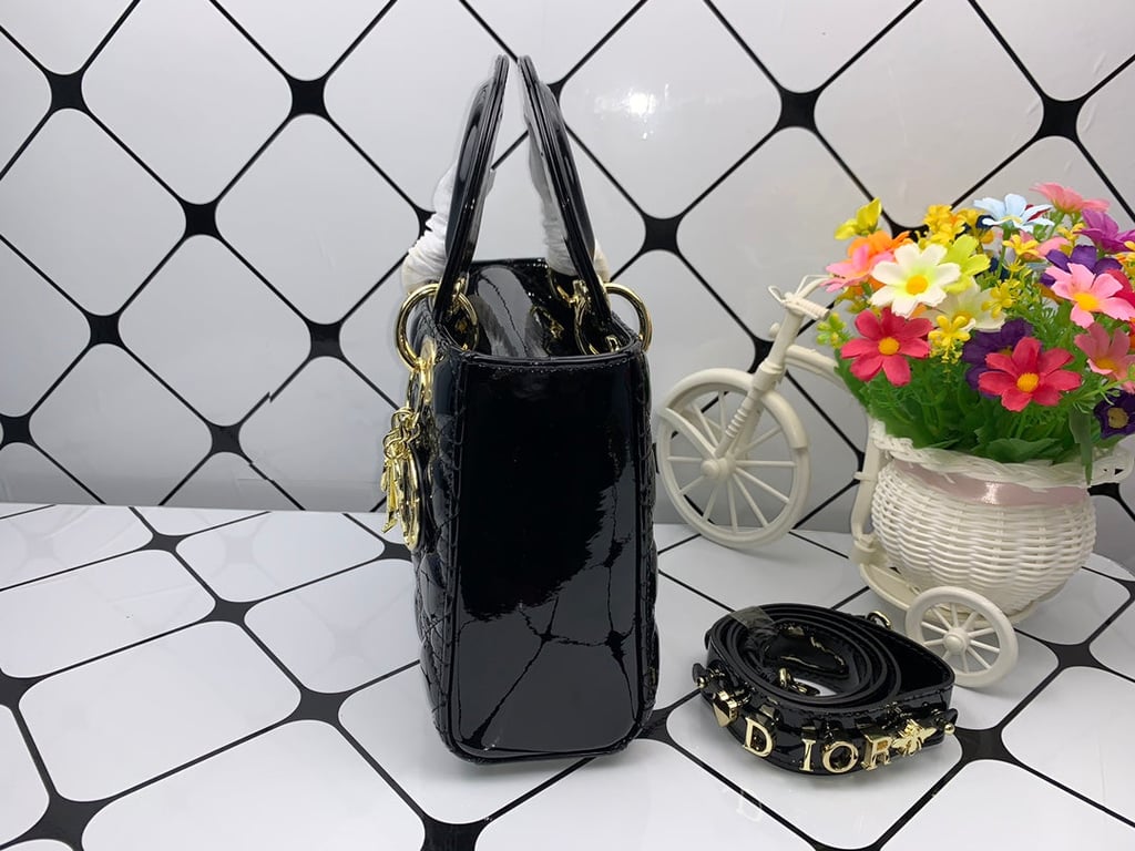 Ezyycart Bags DIR MEDIUM LADY BLUSH CANNAGE LAMBSKIN BAG SHINY BLACK 20CM HIGH QUALITY