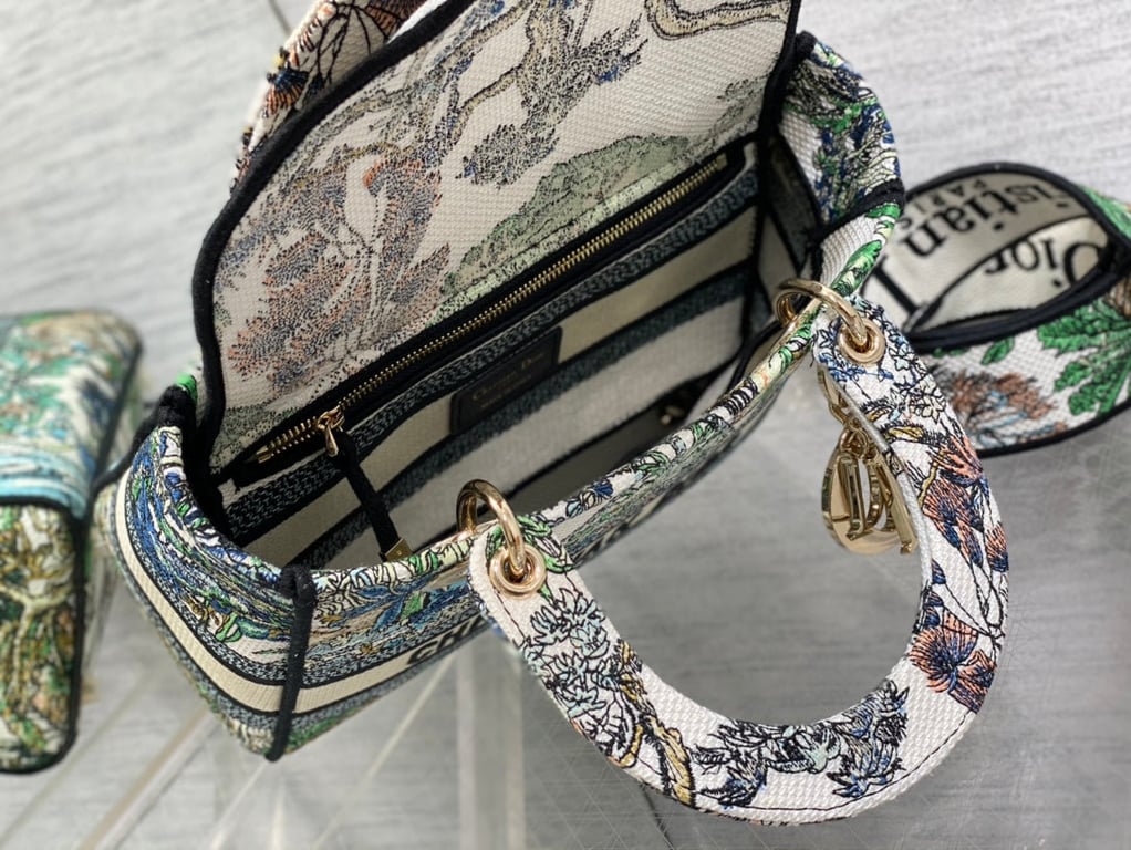 Ezyycart Bags DIR 24CM MEDIUM LADY D-LITE BAG WHITE MULTICOLOR ETOILE DE VOYAGE EMBROIDERY