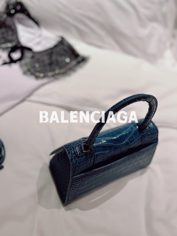 Ezyycart Bags BALENCIAGA WOMEN'S HOURGLASS XS HANDBAG CROCODILE EMBOSSED IN FOREST BLUE 24CM