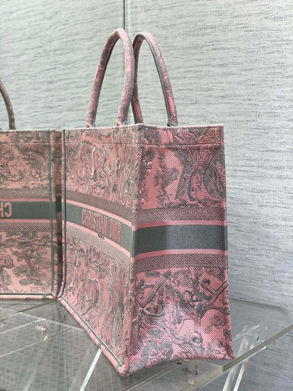 Ezyycart Bags DIR MEDIUM BOOK TOTE PINK AND GRAY TOILE DE JOUY SAUVAGE EMBROIDERY 36CM