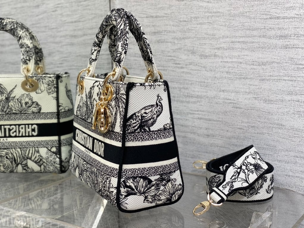 Ezyycart Bags DIR MEDIUM LADY D-LITE BAG WHITE AND BLACK TOILE DE JOUY VOYAGE EMBROIDERY 24CM