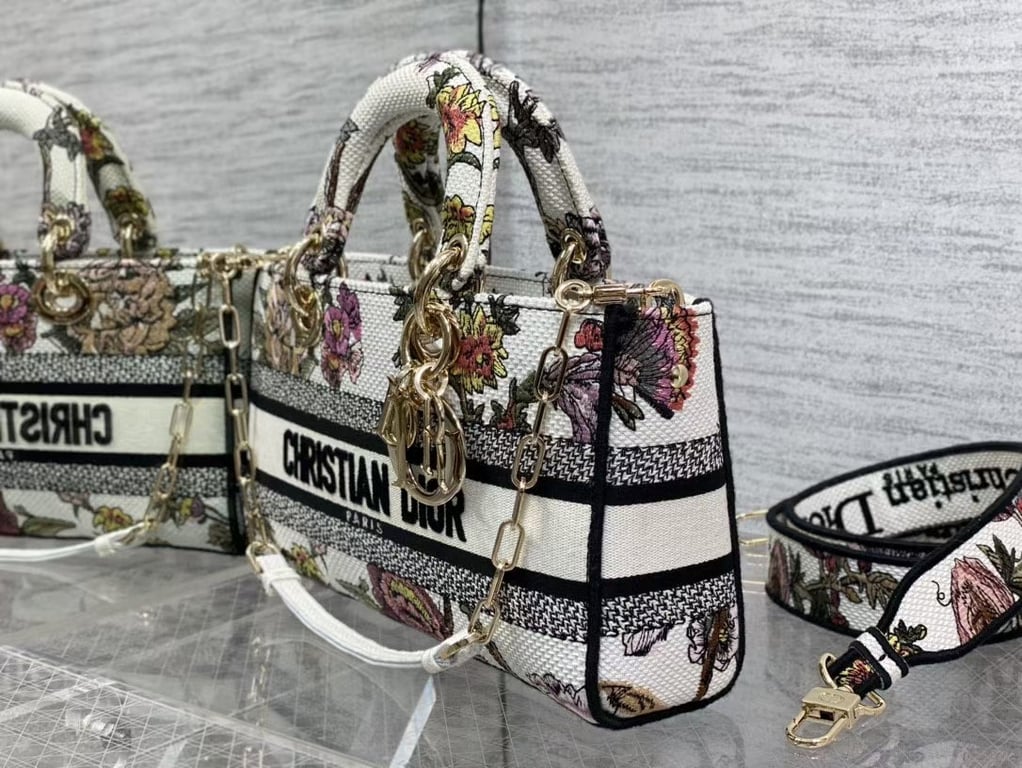 Ezyycart Bags DIR LARGE LADY D-LITE BAG WHITE JARDIN BOTANIQUE EMBROIDERY 26CM