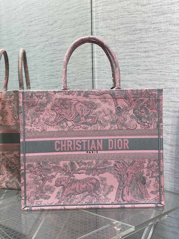 Ezyycart Bags DIR MEDIUM BOOK TOTE PINK AND GRAY TOILE DE JOUY SAUVAGE EMBROIDERY 36CM