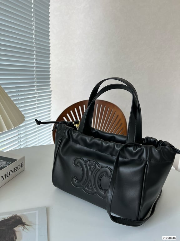 Ezyycart Bags CE SMALL CABAS DRAWSTRING CUIR TRIOMPHE IN SMOOTH CALFSKIN BLACK 24CM