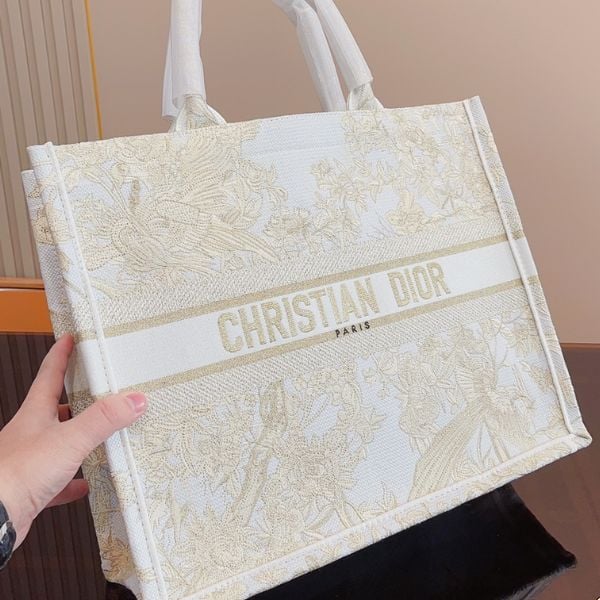 Ezyycart Bags DIR 41CM BOOK LARGE TOTE BAG WINTER GARDEN EMBROIDERY IN GOLD METALLIC THREADS