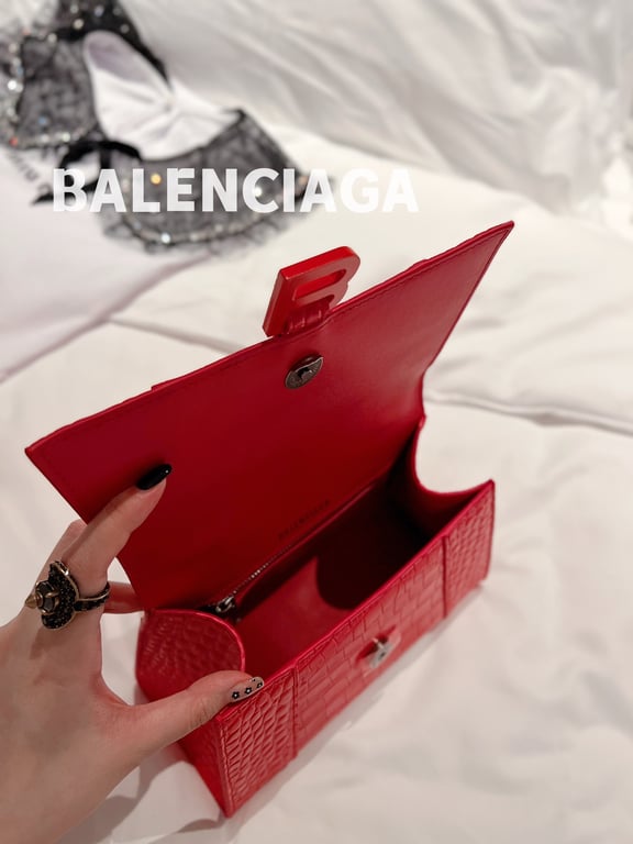 Ezyycart Bags BALENCIAGA WOMEN'S HOURGLASS SMALL HANDBAG CROCODILE EMBOSSED IN RED 24CM