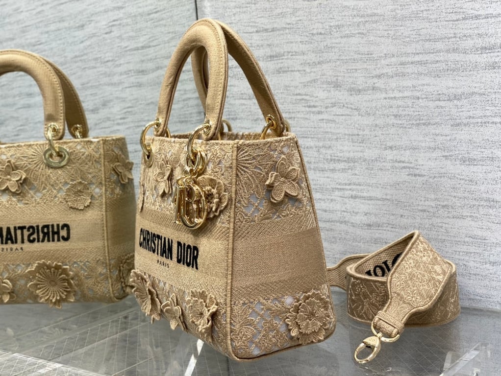 Ezyycart Bags DIR MEDIUM LADY D-LITE BAG BEIGE 3D MACRAME EFFECT 24CM HIGH QUALITY