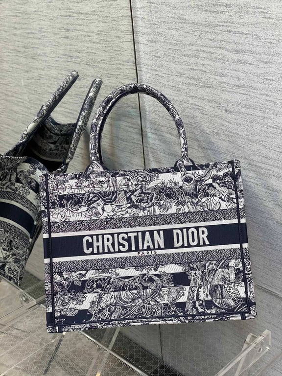Ezyycart Bags DIR 36CM NAVY BLUE TOILE DE JOUY STRIPES EMBROIDERY MEDIUM BOOK TOTE