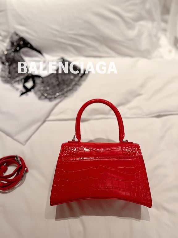 Ezyycart Bags BALENCIAGA WOMEN'S HOURGLASS SMALL HANDBAG CROCODILE EMBOSSED IN RED 24CM