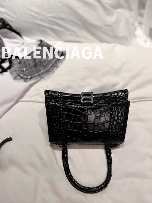Ezyycart Bags BALENCIAGA WOMEN'S HOURGLASS XS HANDBAG CROCODILE EMBOSSED IN BLACK 24CM