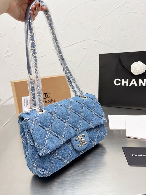 Anum Bags CHL CHAIN FLAP QUILTED DENIM JUMBO BLUE 25CM