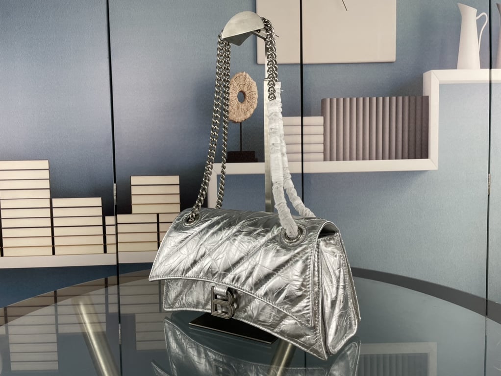 Ezyycart Bags BALENCIAGA CRUSH SMALL CHAIN BAG METALLIZED QUILTED IN SILVER 25CM