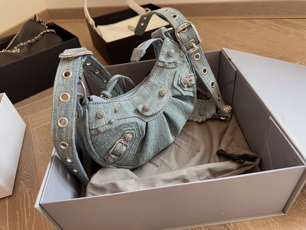 Ezyycart Bags BALENCIAGA LE CAGOLE XS SHOULDER BAG DENIM WITH RHINESTONES IN LIGHT BLUE 25CM 6713092AABV4651