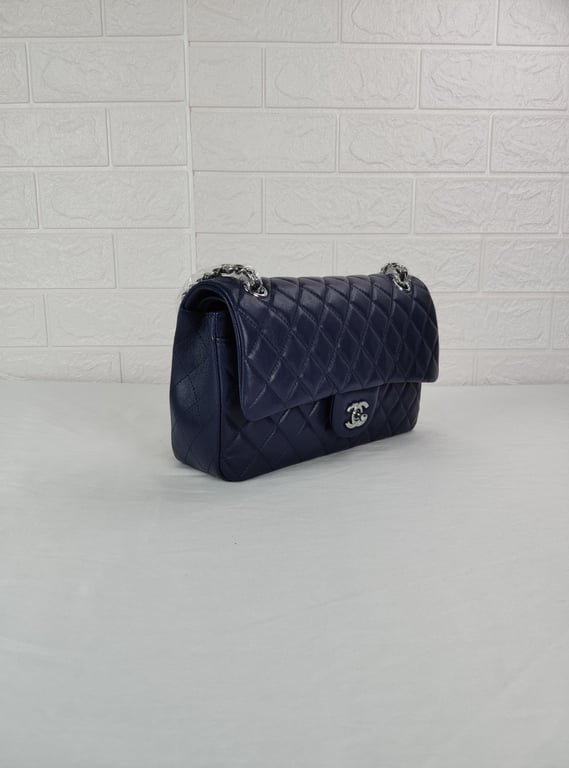 Anum Bags CHL CLASSIC MEDIUM LAMBSKIN FLAP NAVY AND SILVER 25CM