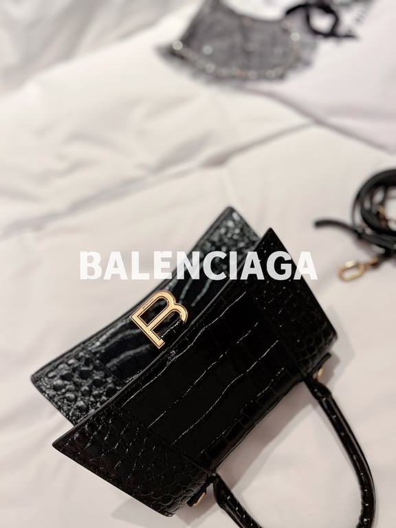 Ezyycart Bags BALENCIAGA WOMEN'S HOURGLASS SMALL HANDBAG CROCODILE EMBOSSED IN BLACK 24CM