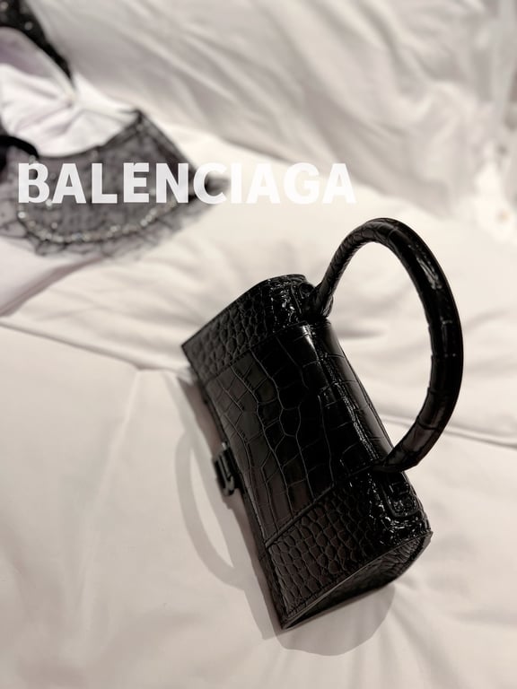 Ezyycart Bags BALENCIAGA WOMEN'S HOURGLASS XS HANDBAG CROCODILE EMBOSSED IN BLACK 24CM