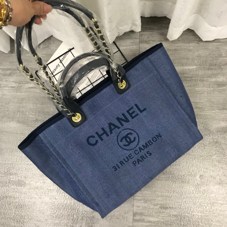 Anum Bags CHL 38CM CANVAS LARGE NAVY BLUE DEAUVILLE TOTE BAG