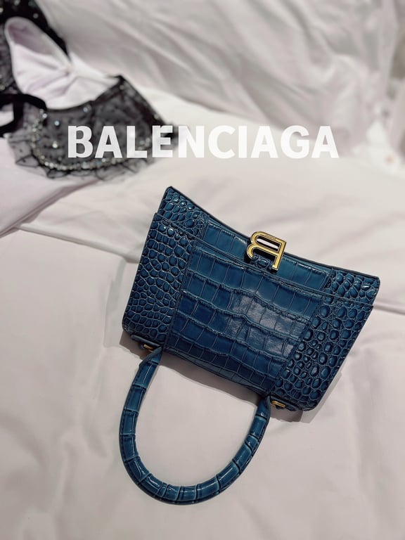 Ezyycart Bags BALENCIAGA WOMEN'S HOURGLASS XS HANDBAG CROCODILE EMBOSSED IN FOREST BLUE 24CM